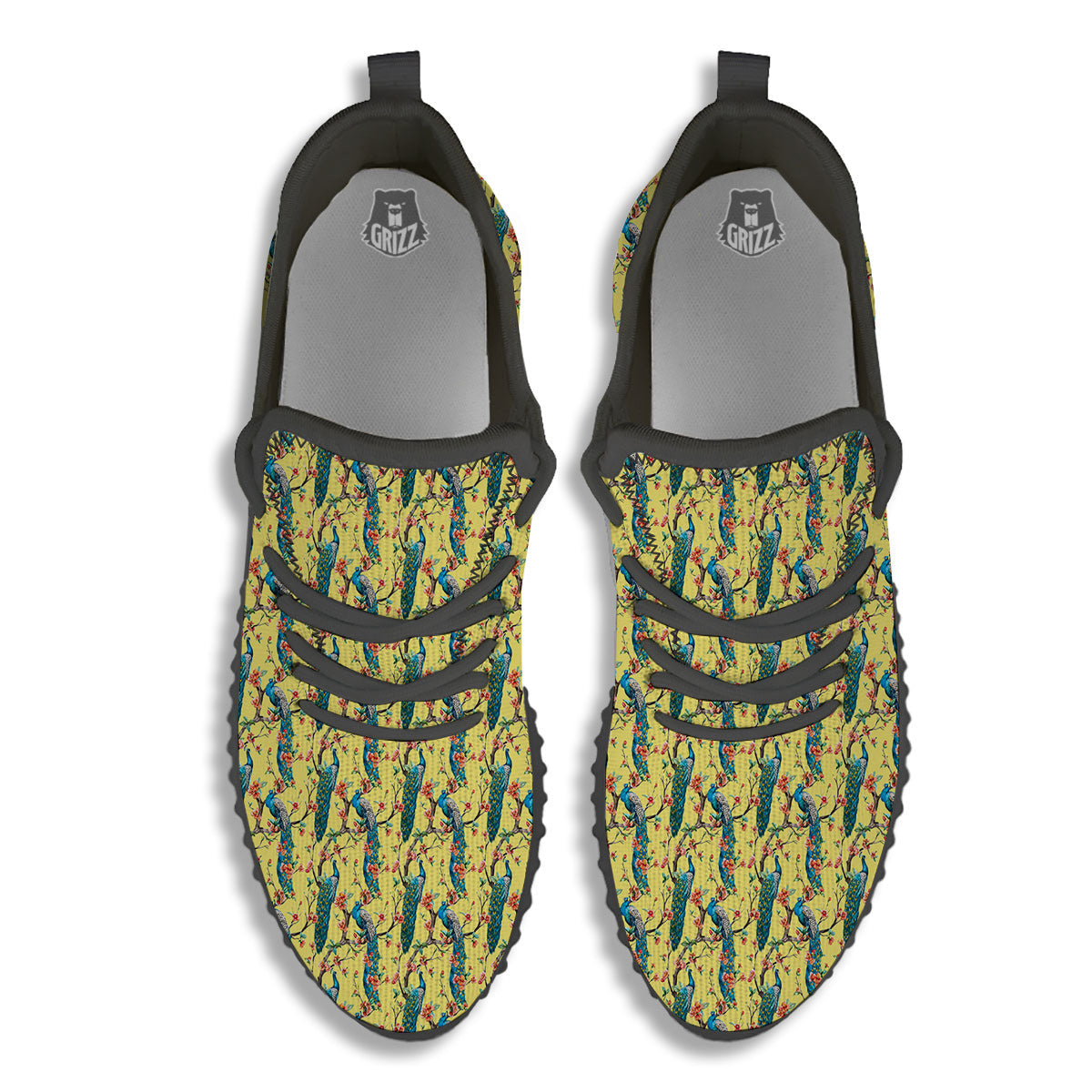Peacock Cherry Blossom Print Black Walking Shoes-grizzshop