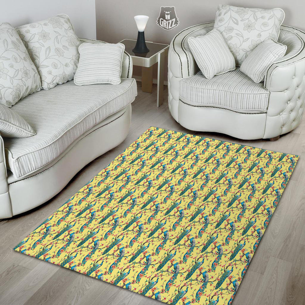 Peacock Cherry Blossom Print Floor Mat-grizzshop