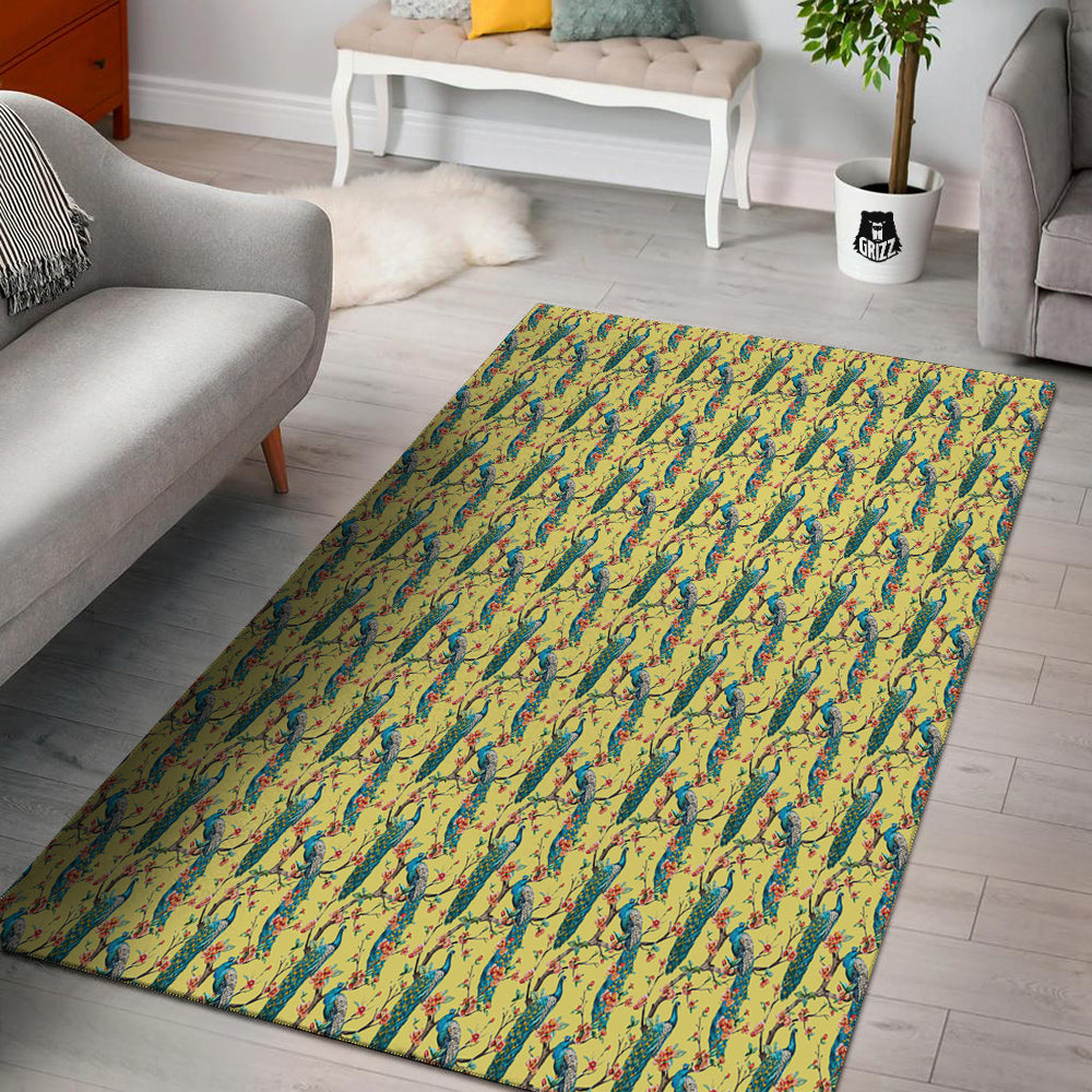 Peacock Cherry Blossom Print Floor Mat-grizzshop