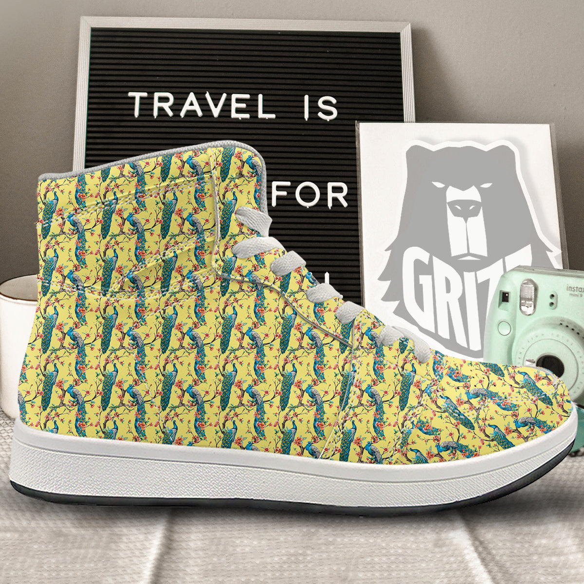 Peacock Cherry Blossom Print High Top Sneakers-grizzshop