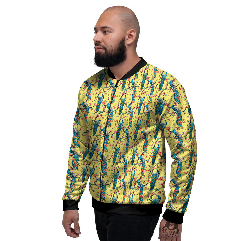 Peacock Cherry Blossom Print Men's Bomber Jacket-grizzshop
