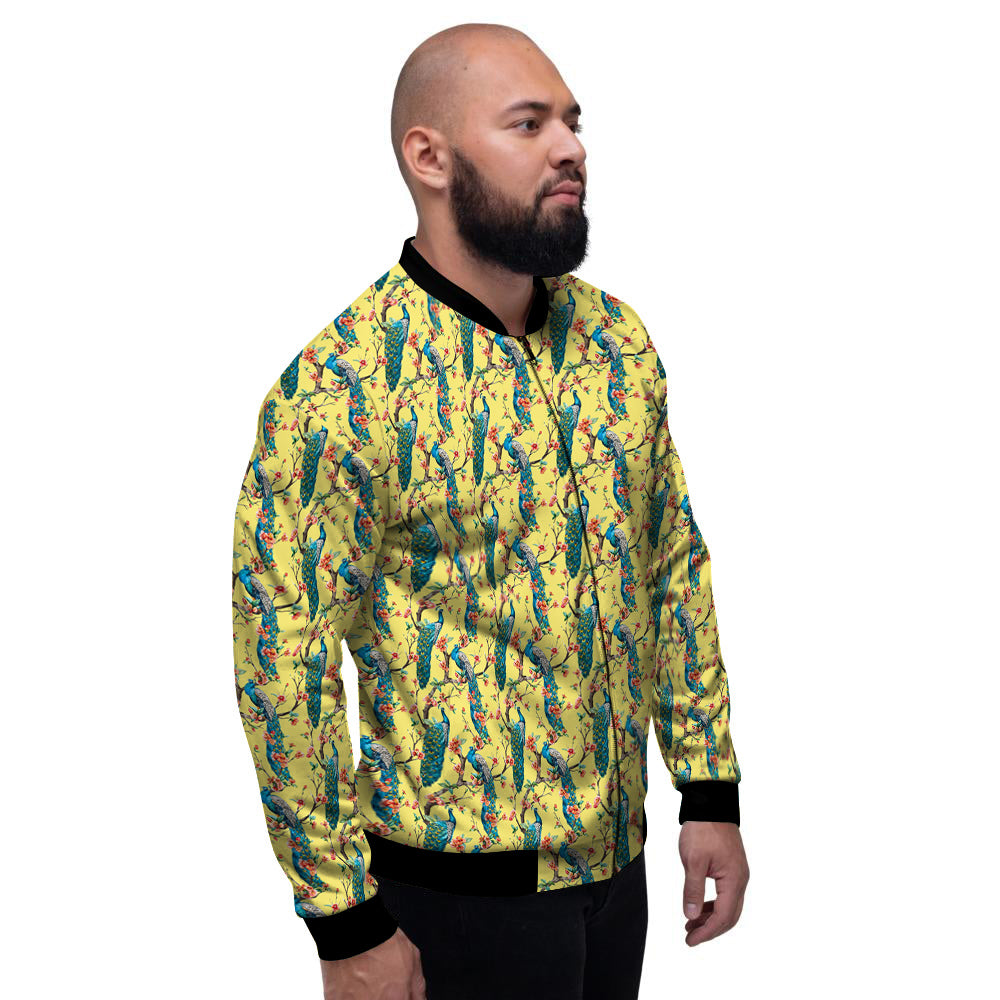 Peacock Cherry Blossom Print Men's Bomber Jacket-grizzshop
