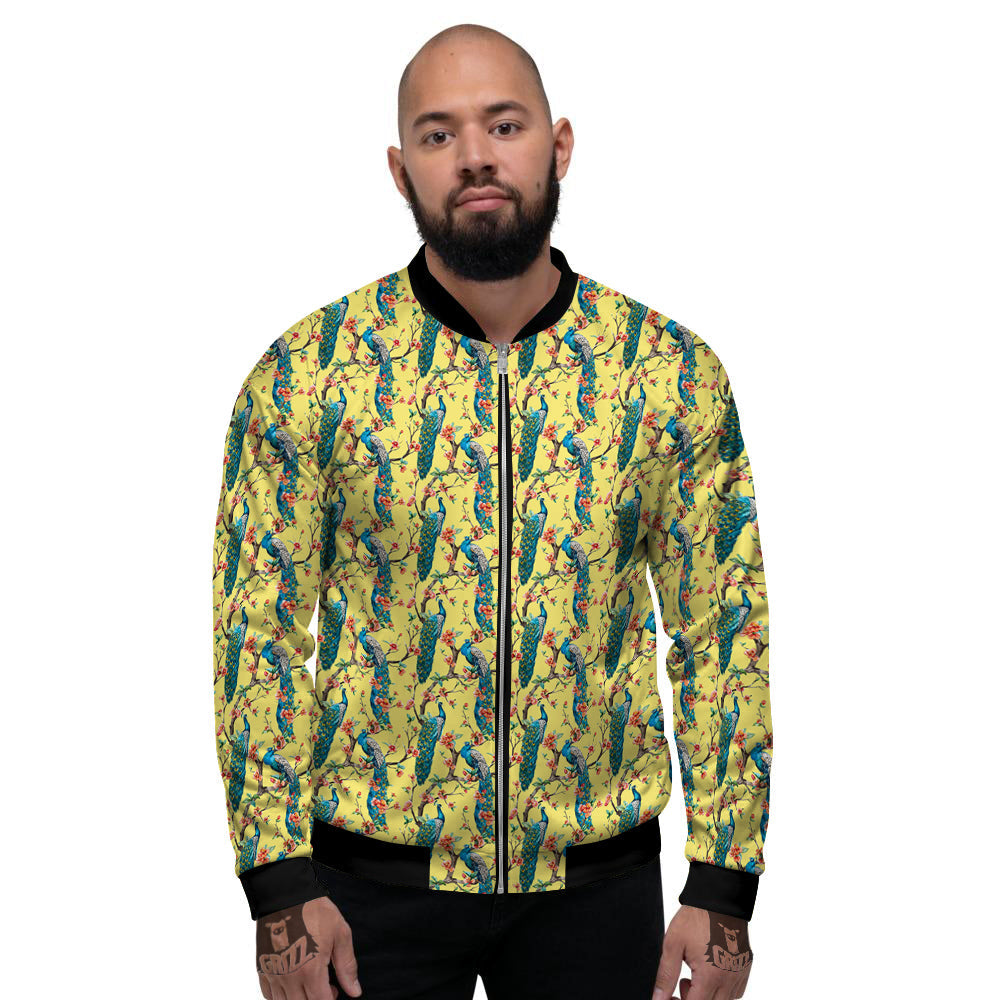 Peacock Cherry Blossom Print Men's Bomber Jacket-grizzshop