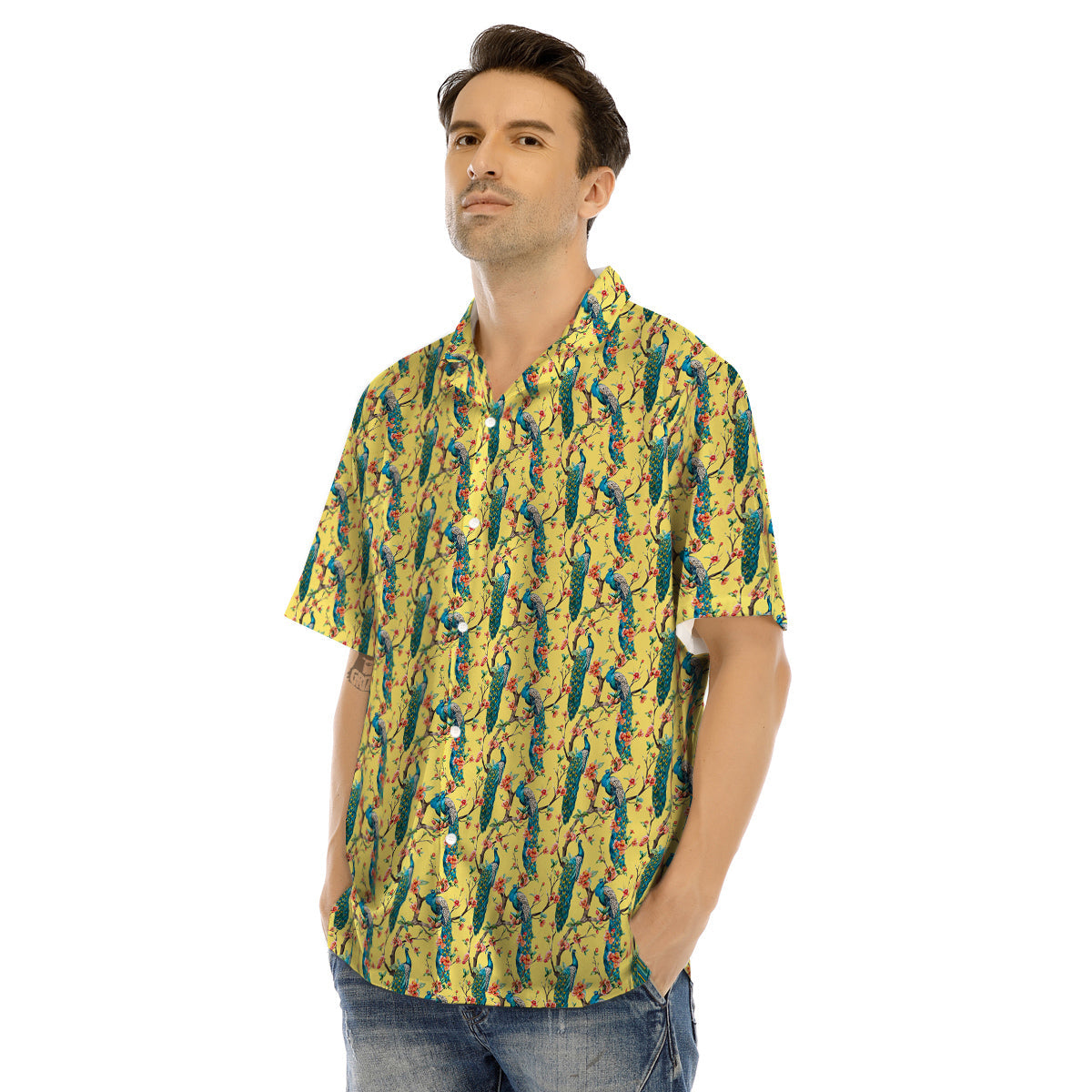 Peacock Cherry Blossom Print Men's Hawaiian Shirt-grizzshop
