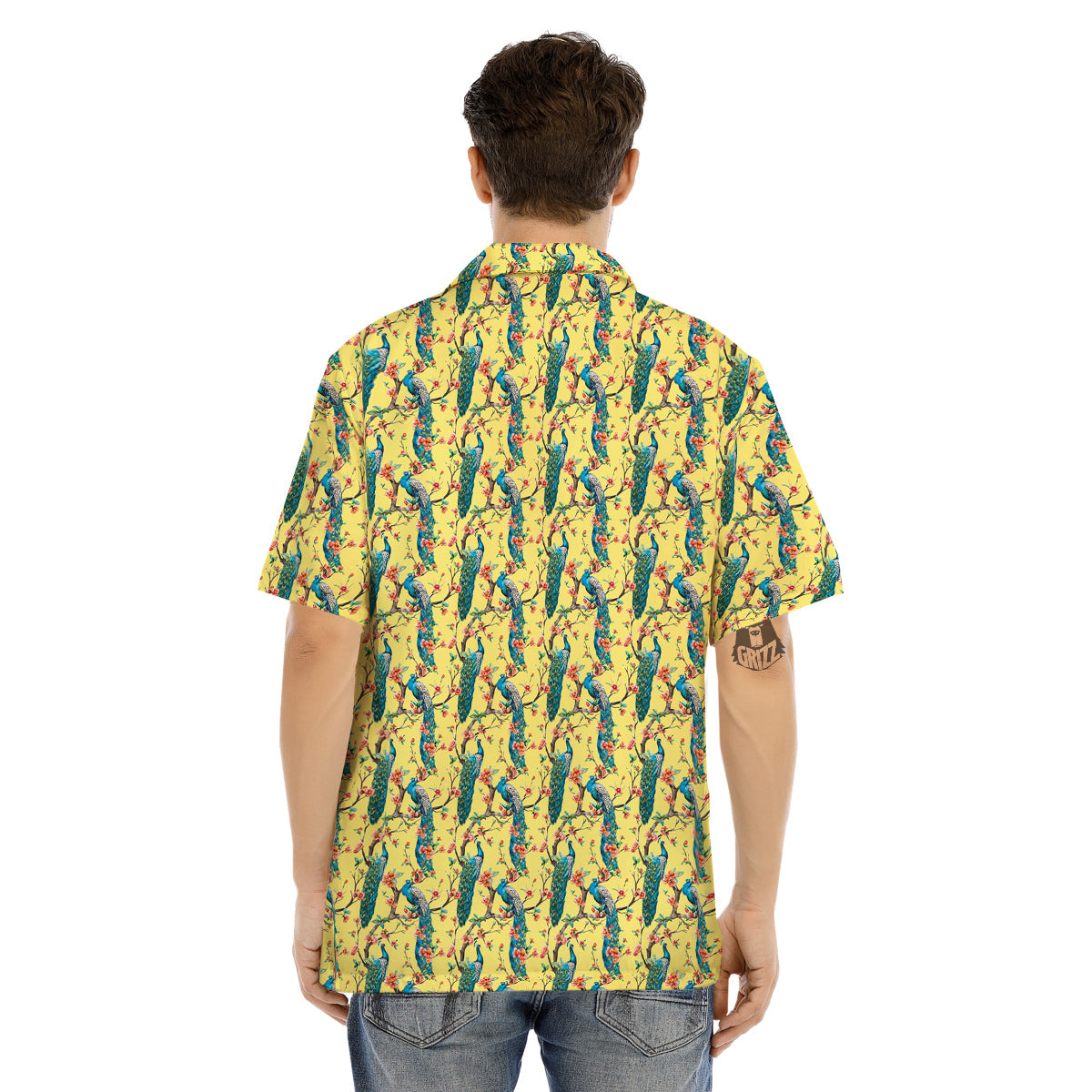 Peacock Cherry Blossom Print Men's Hawaiian Shirt-grizzshop