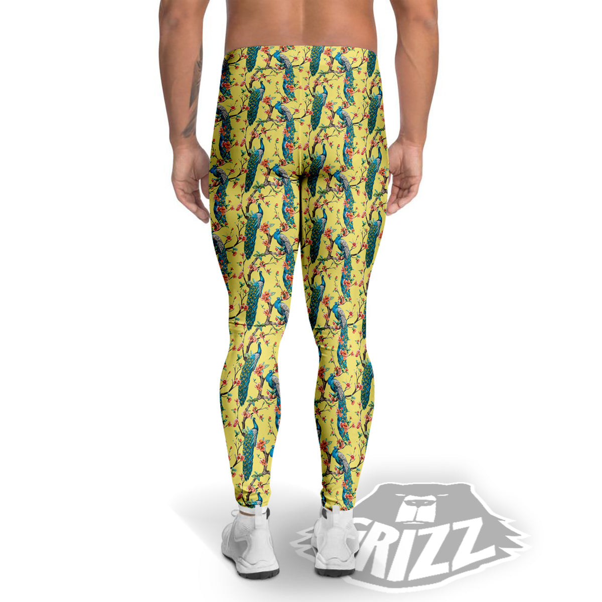 Peacock Cherry Blossom Print Men's Leggings-grizzshop