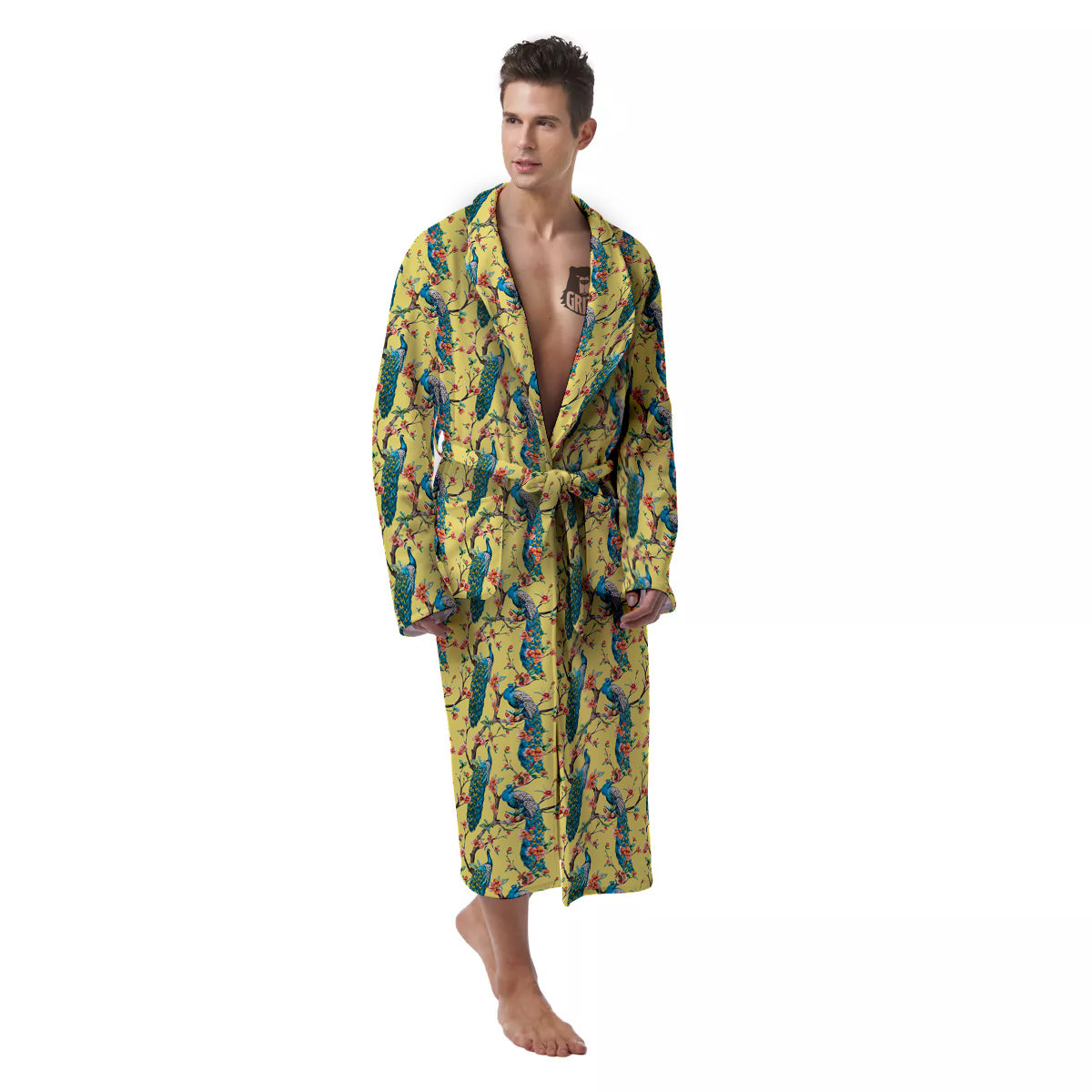 Peacock Cherry Blossom Print Men's Robe-grizzshop