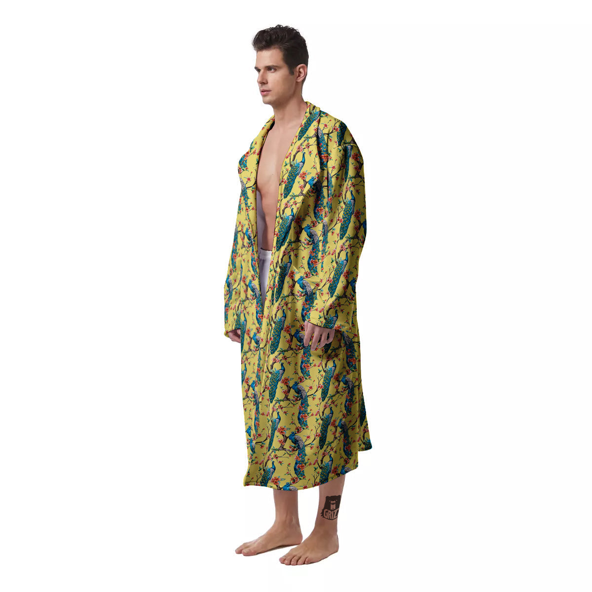 Peacock Cherry Blossom Print Men's Robe-grizzshop