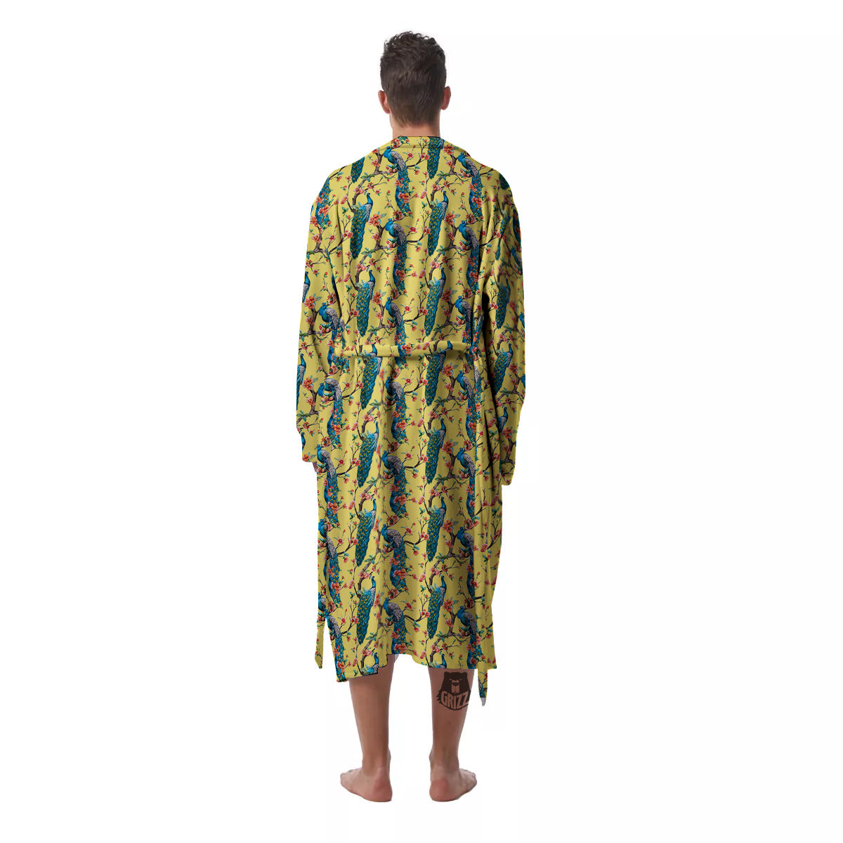 Peacock Cherry Blossom Print Men's Robe-grizzshop