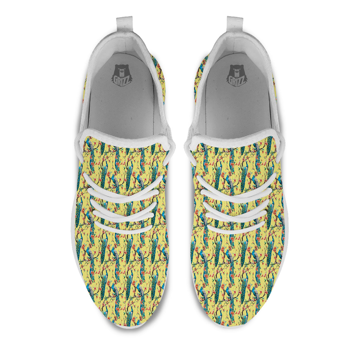 Peacock Cherry Blossom Print White Athletic Shoes-grizzshop