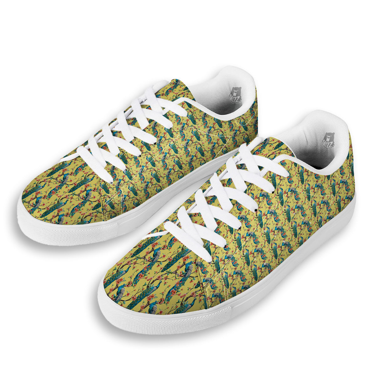 Peacock Cherry Blossom Print White Low Top Sneakers-grizzshop