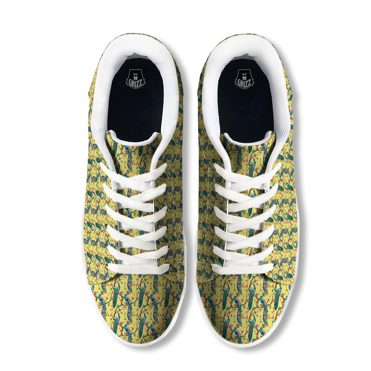 Peacock Cherry Blossom Print White Low Top Sneakers-grizzshop