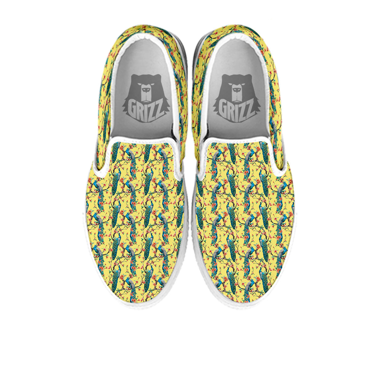 Peacock Cherry Blossom Print White Slip On Shoes-grizzshop