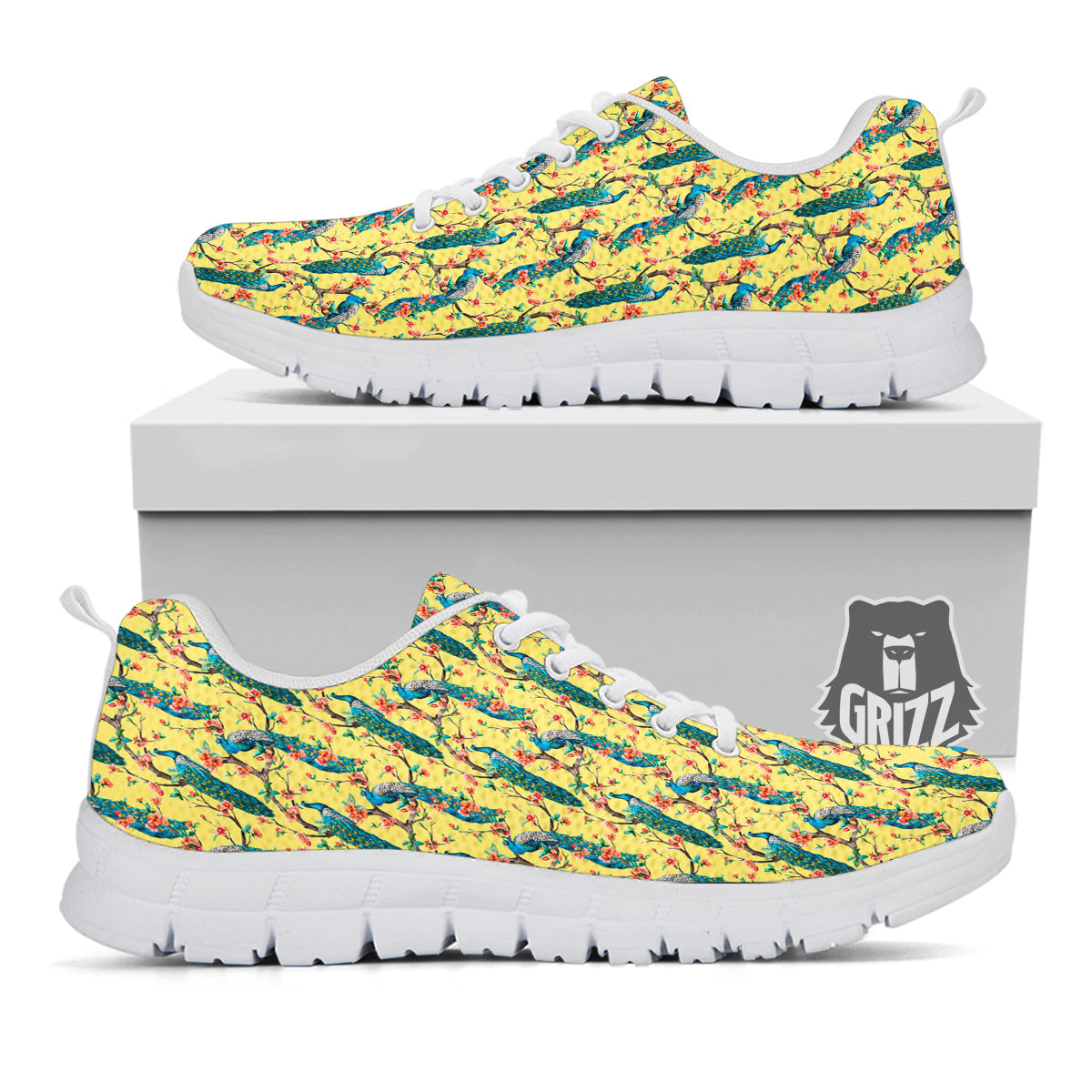 Peacock Cherry Blossom Print White Sneaker-grizzshop