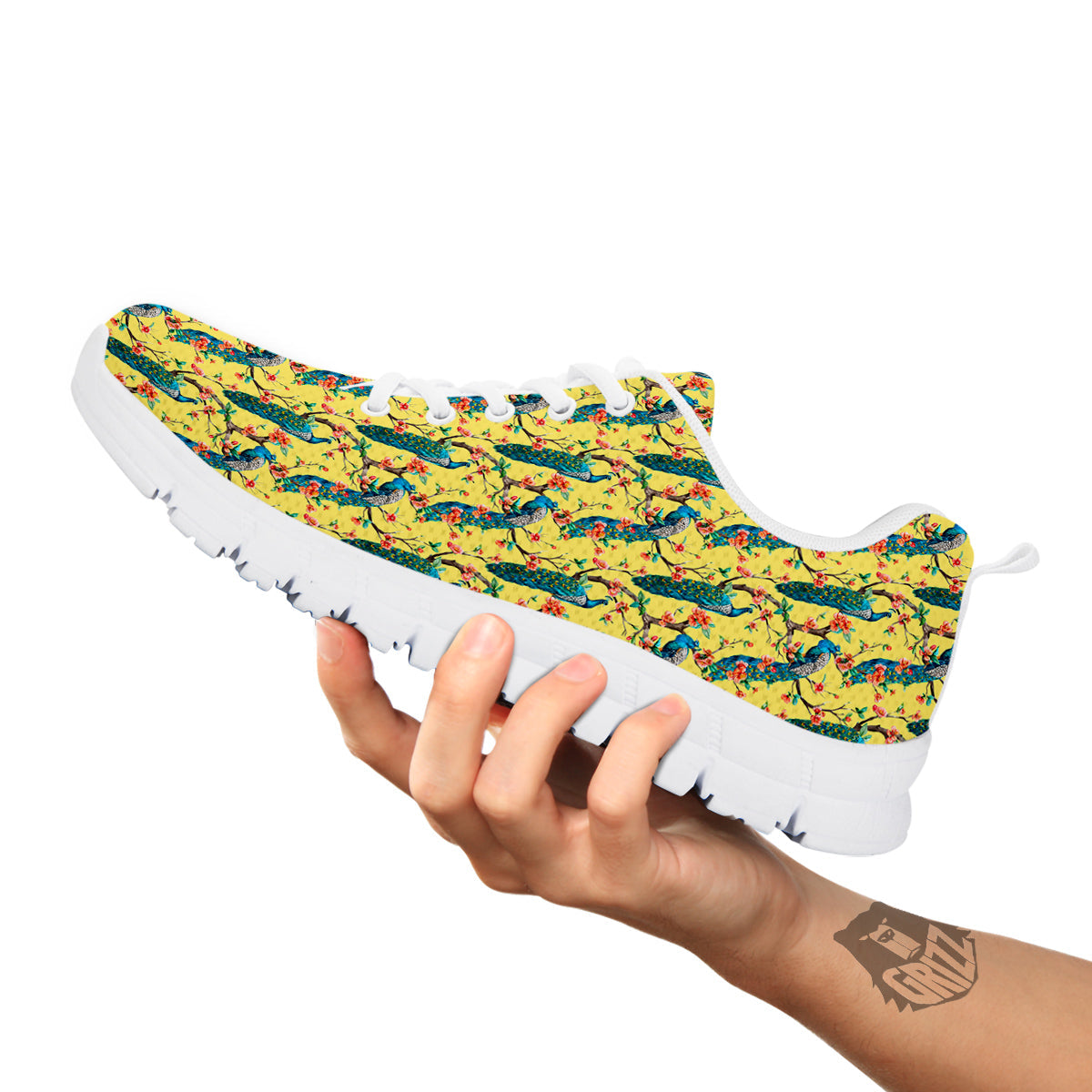 Peacock Cherry Blossom Print White Sneaker-grizzshop