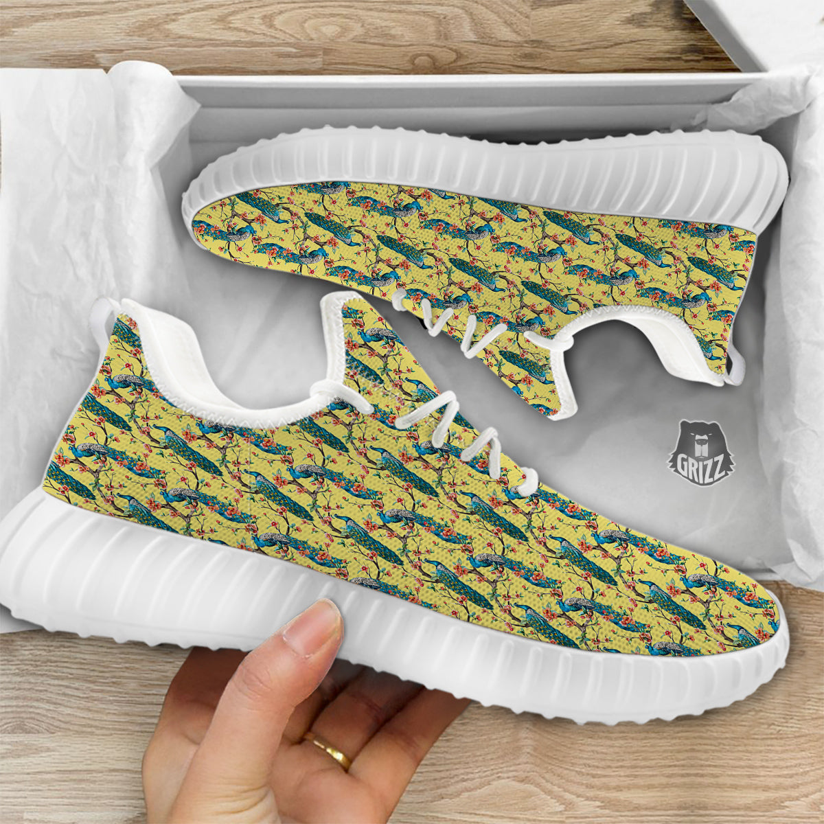 Peacock Cherry Blossom Print White Walking Shoes-grizzshop