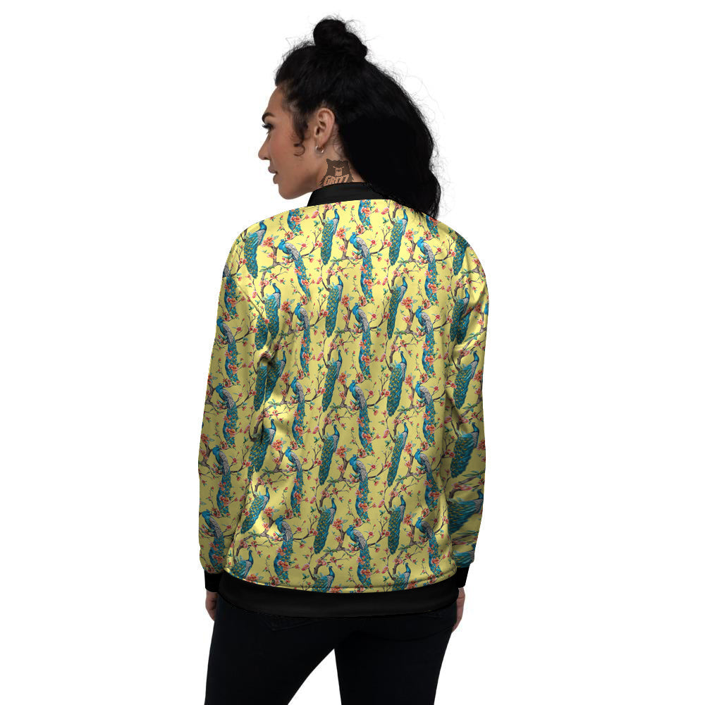 Peacock Cherry Blossom Print Women's Bomber Jacket-grizzshop