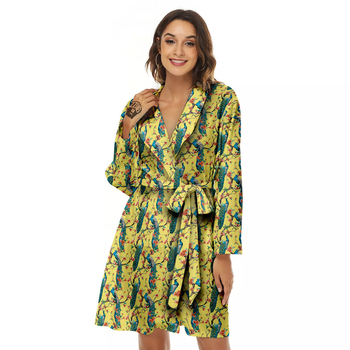 Peacock Cherry Blossom Print Women's Robe-grizzshop