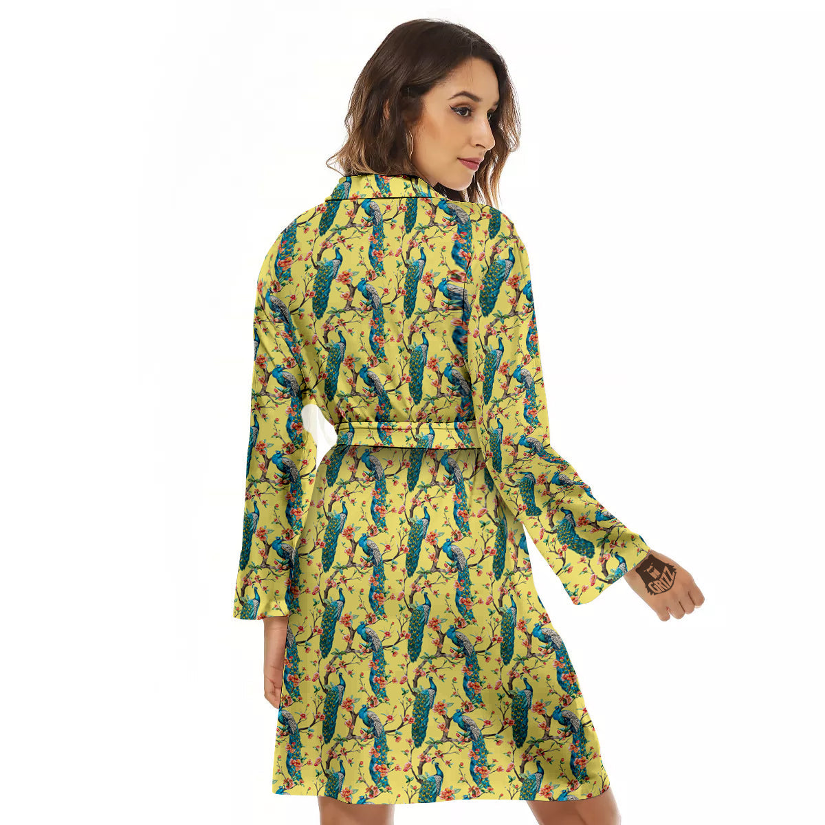 Peacock Cherry Blossom Print Women's Robe-grizzshop