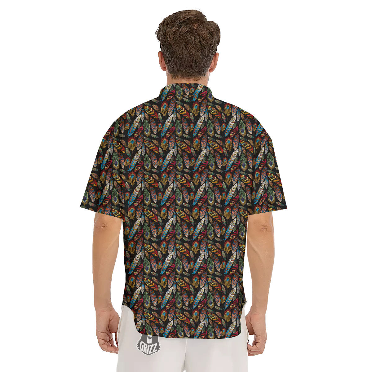 Peacock Embroidery Print Pattern Men's Short Sleeve Shirts-grizzshop