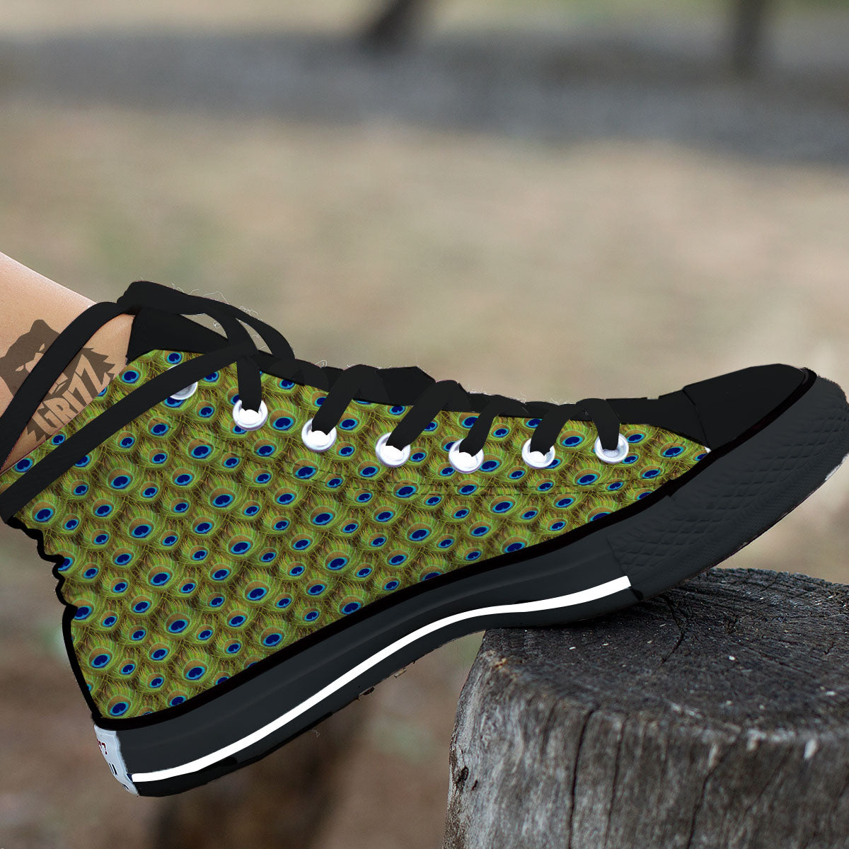 Peacock Feather Boho Print Pattern Black High Top Shoes-grizzshop