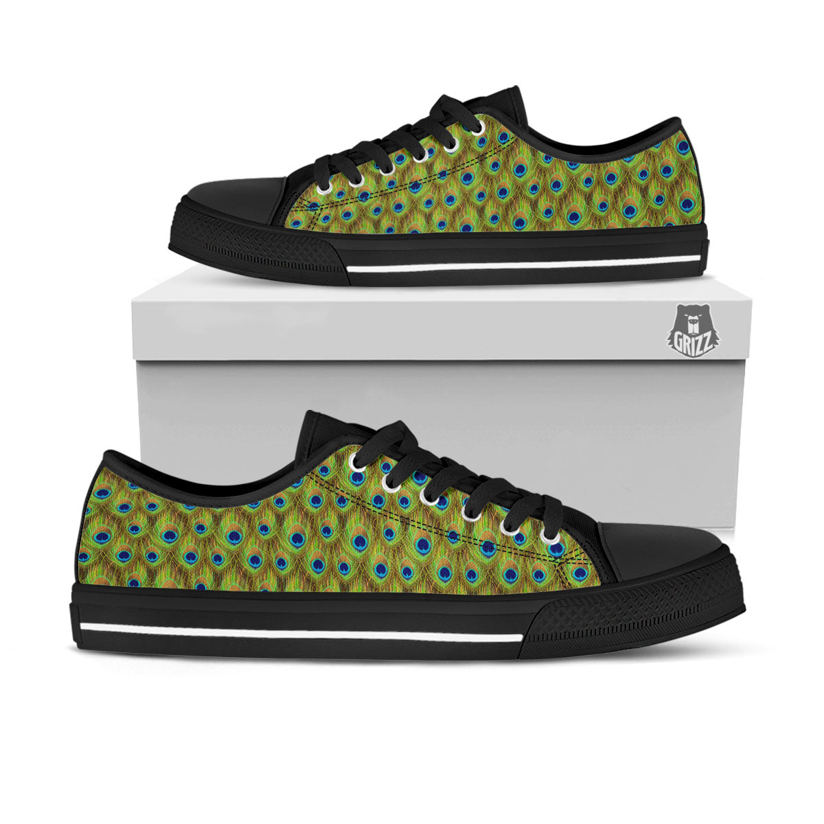 Peacock Feather Boho Print Pattern Black Low Top Shoes-grizzshop