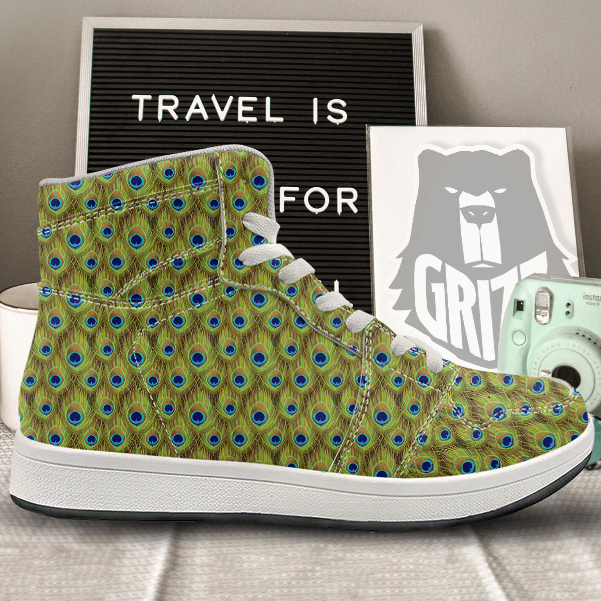 Peacock Feather Boho Print Pattern High Top Sneakers-grizzshop