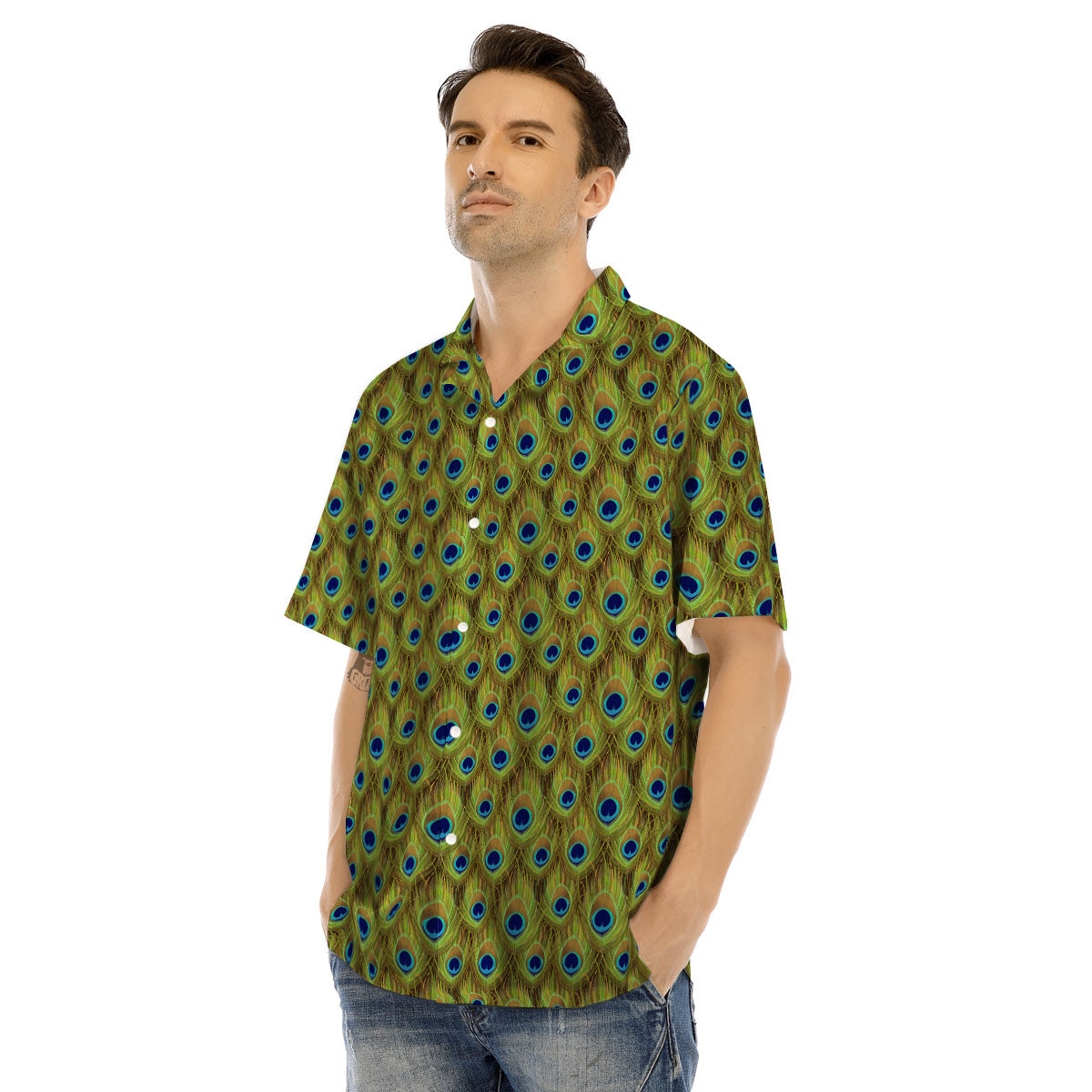 Peacock Feather Boho Print Pattern Men's Hawaiian Shirt-grizzshop