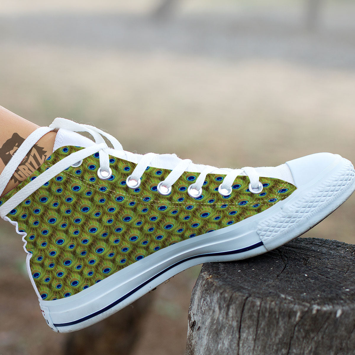 Peacock Feather Boho Print Pattern White High Top Shoes-grizzshop