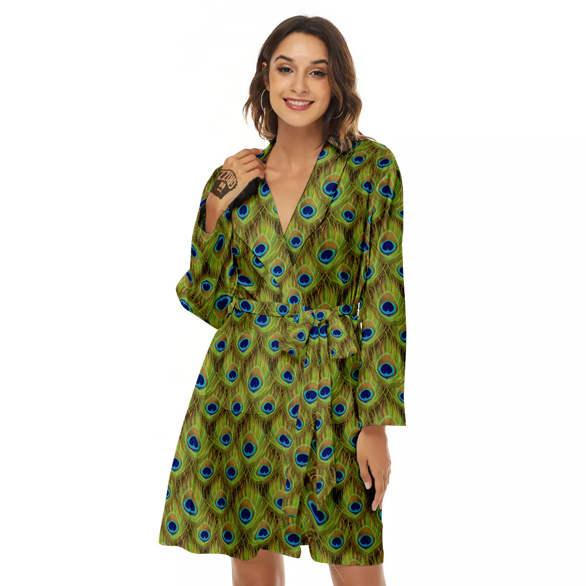 Peacock Feather Boho Print Pattern Women's Robe-grizzshop