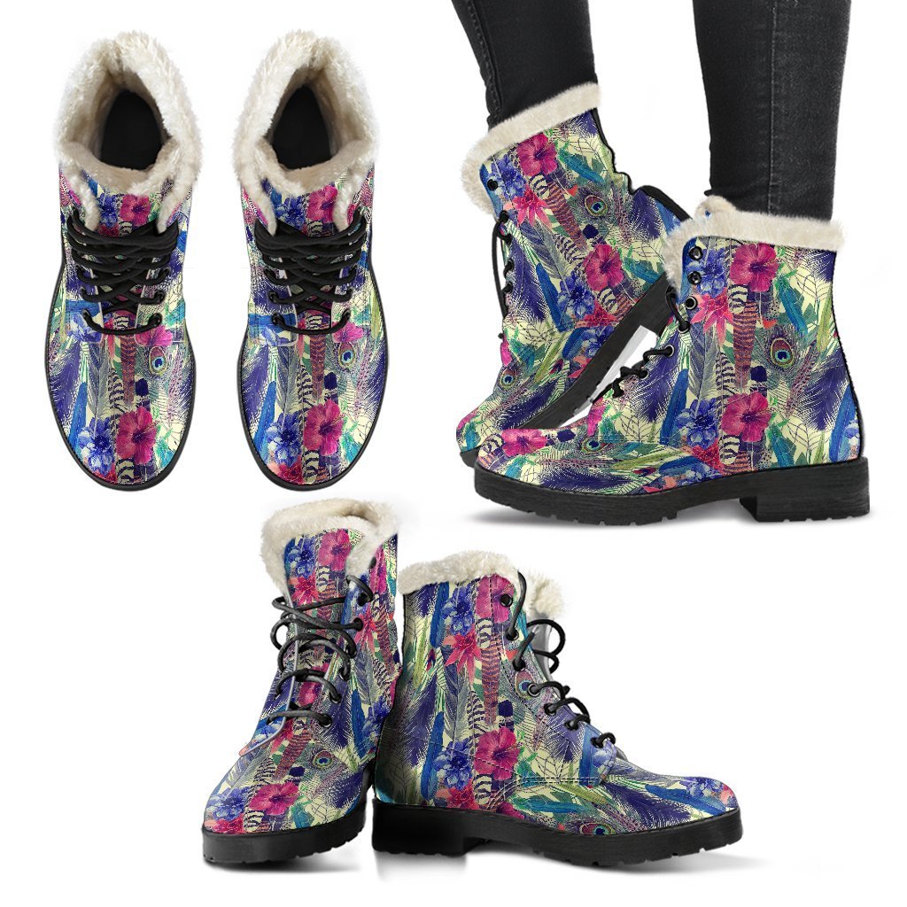 Peacock Feather Floral Pattern Print Comfy Winter Boots-grizzshop