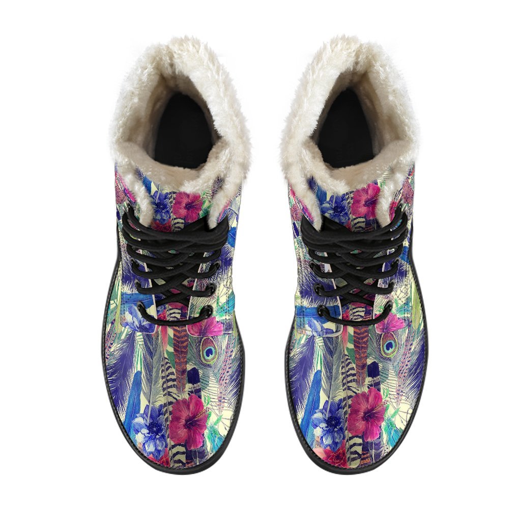 Peacock Feather Floral Pattern Print Comfy Winter Boots-grizzshop