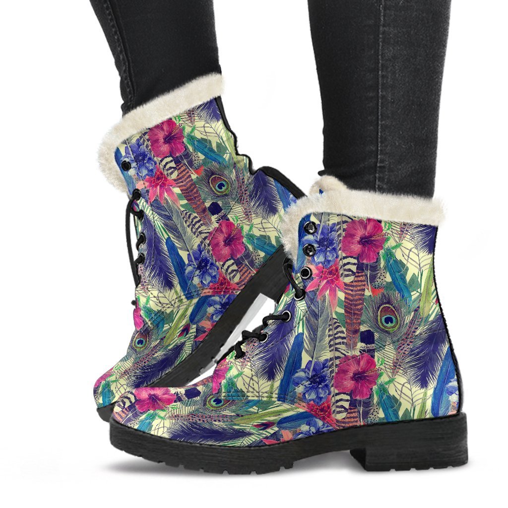 Peacock Feather Floral Pattern Print Comfy Winter Boots-grizzshop