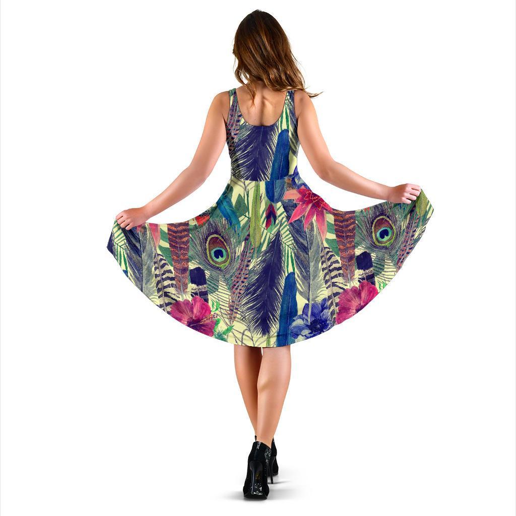 Peacock Feather Floral Pattern Print Dress-grizzshop