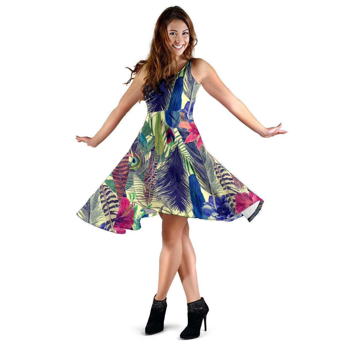 Peacock Feather Floral Pattern Print Dress-grizzshop