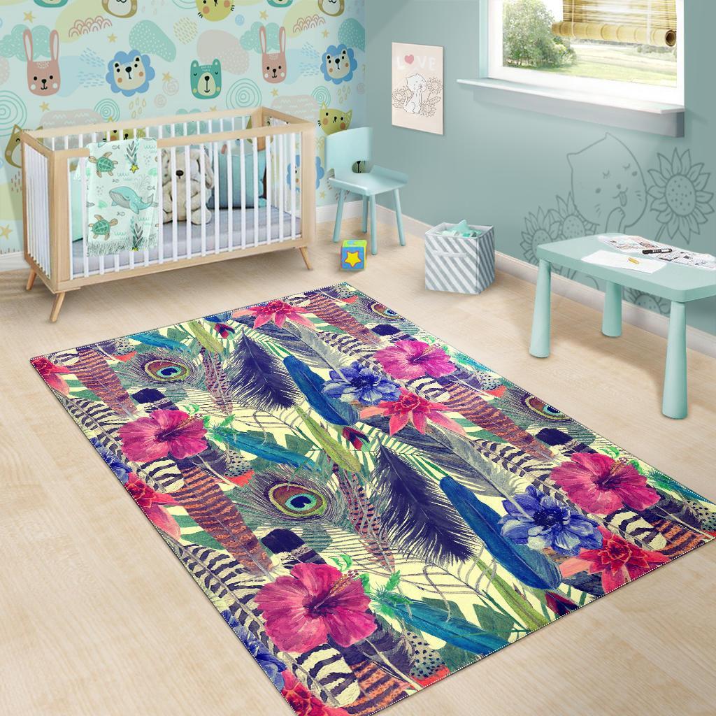 Peacock Feather Floral Pattern Print Floor Mat-grizzshop