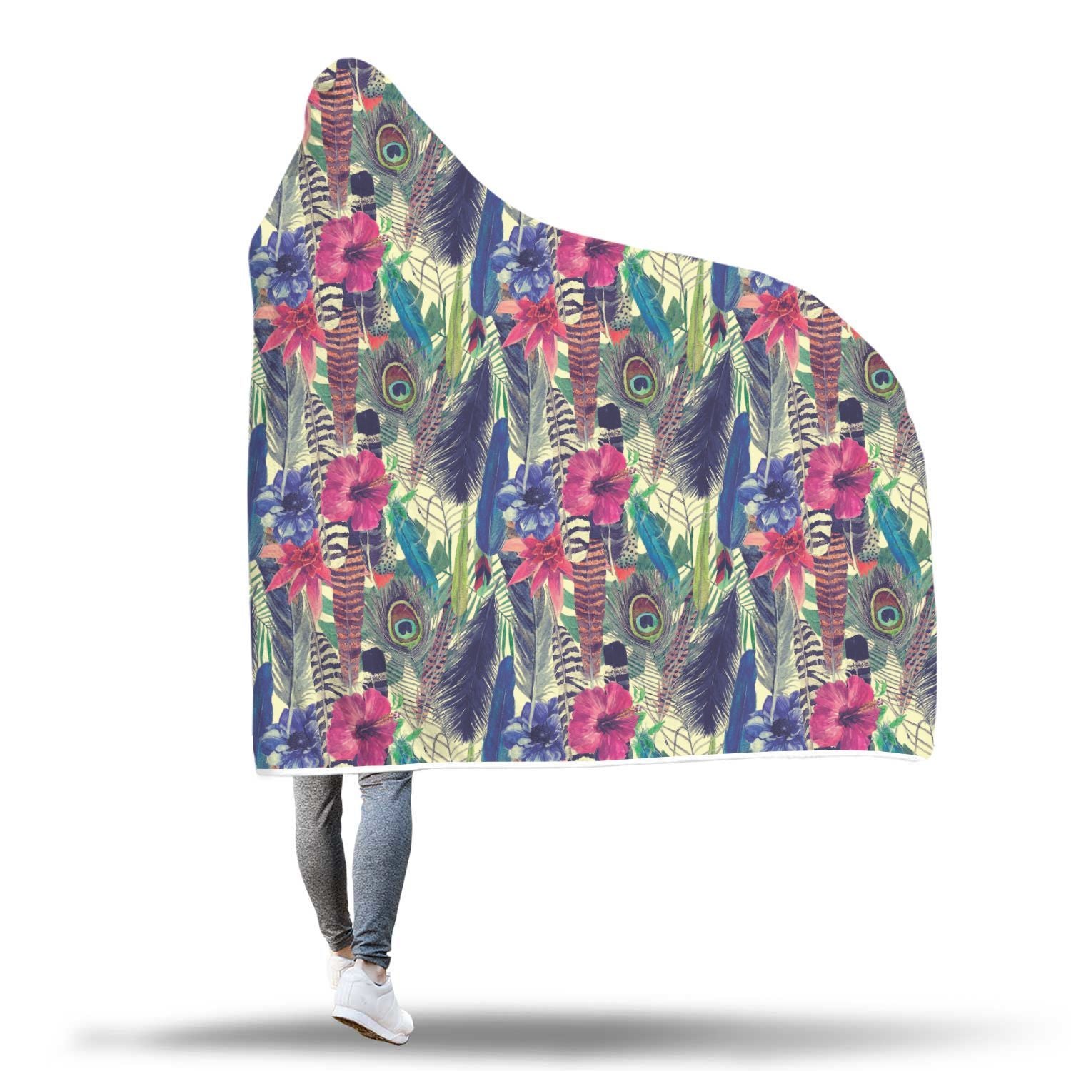 Peacock Feather Floral Pattern Print Hooded Blanket-grizzshop