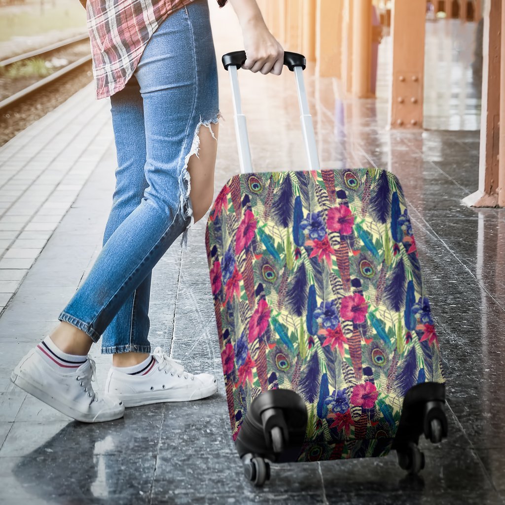 Peacock Feather Floral Pattern Print Luggage Cover Protector-grizzshop