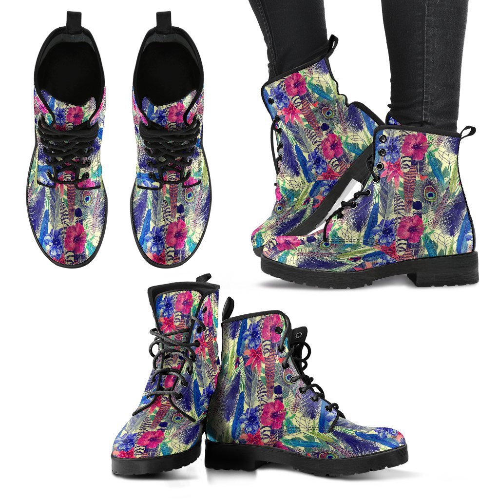 Peacock Feather Floral Pattern Print Men Women Leather Boots-grizzshop
