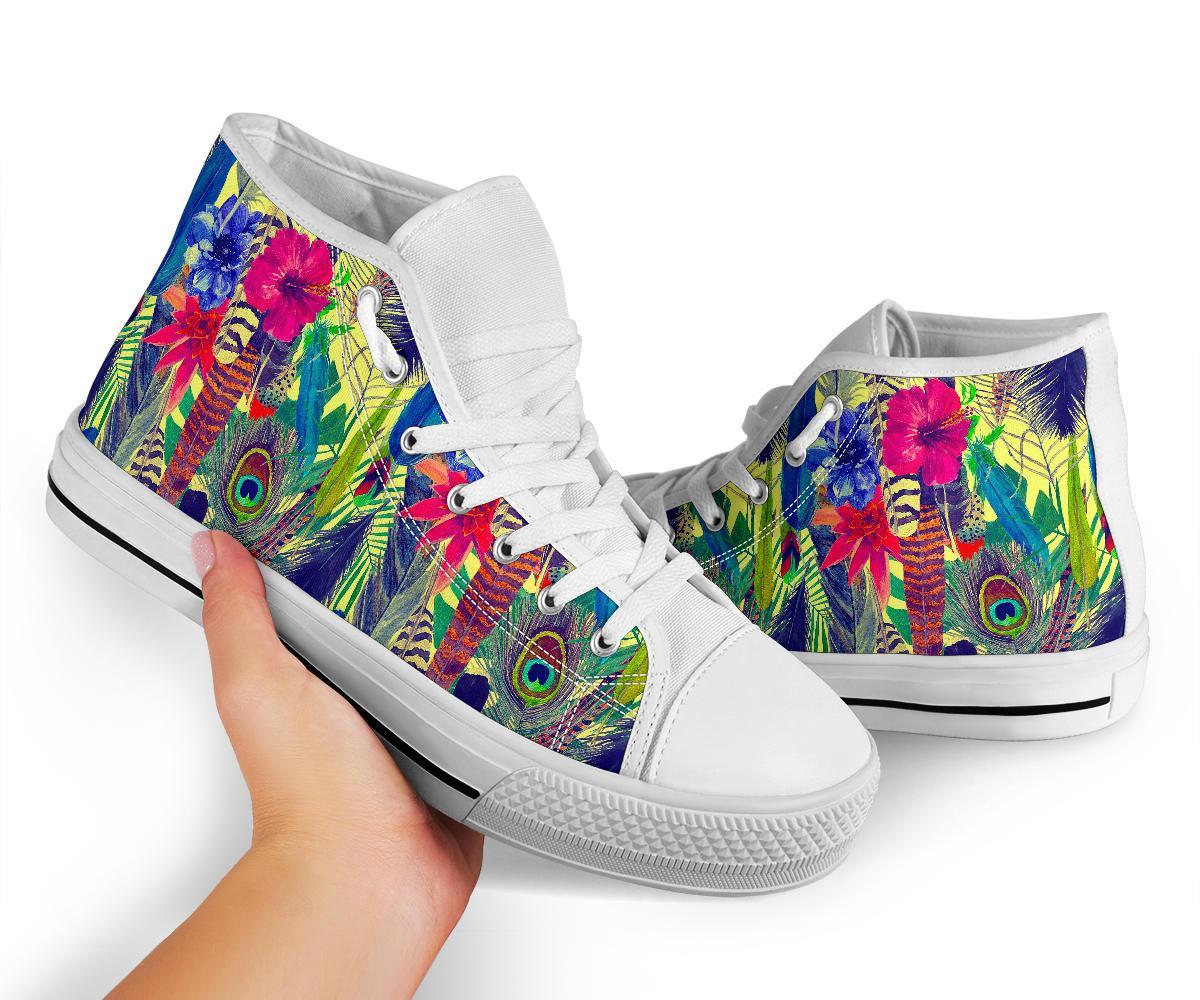 Peacock Feather Floral Pattern Print Men Women's High Top Shoes-grizzshop