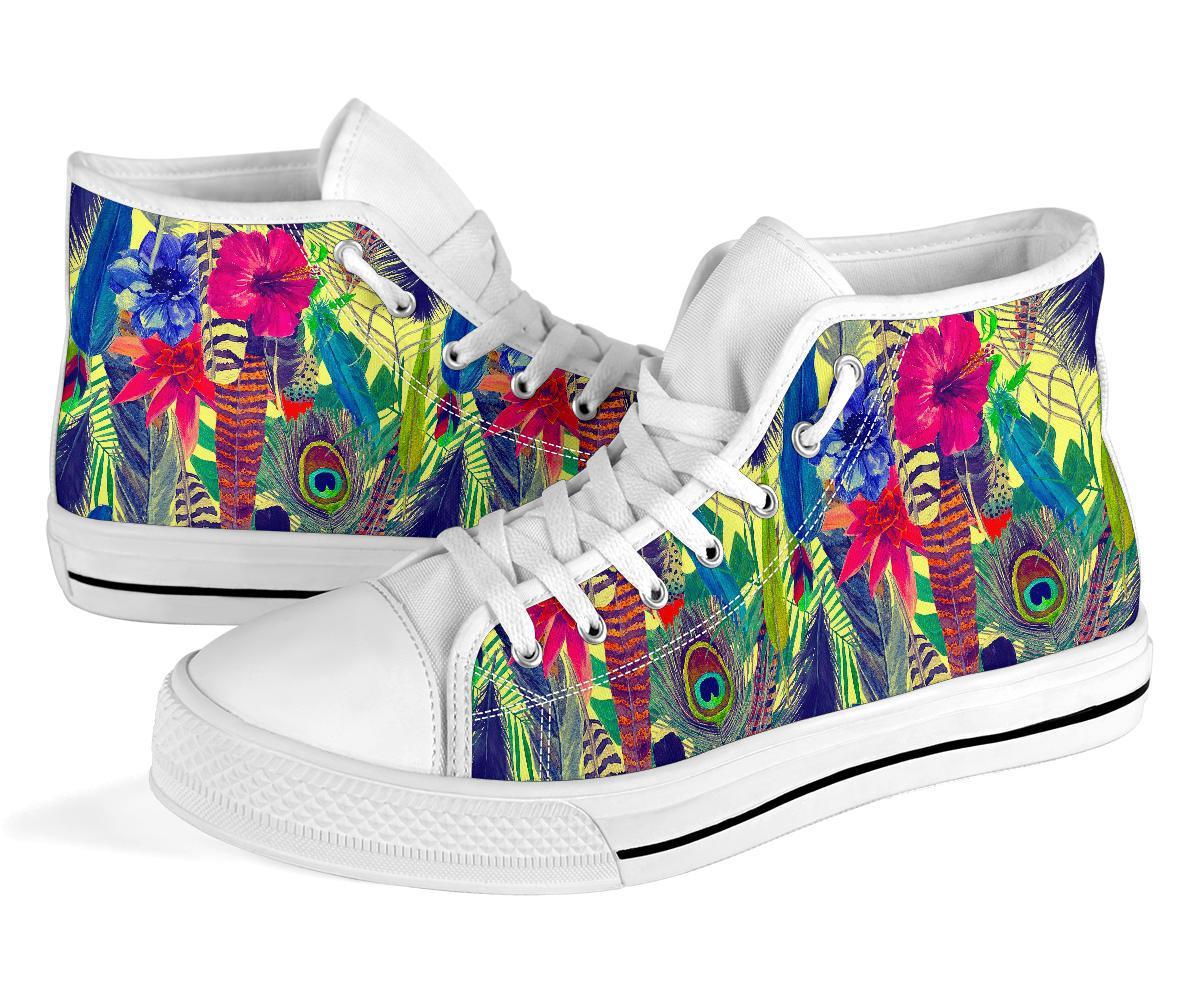 Peacock Feather Floral Pattern Print Men Women's High Top Shoes-grizzshop