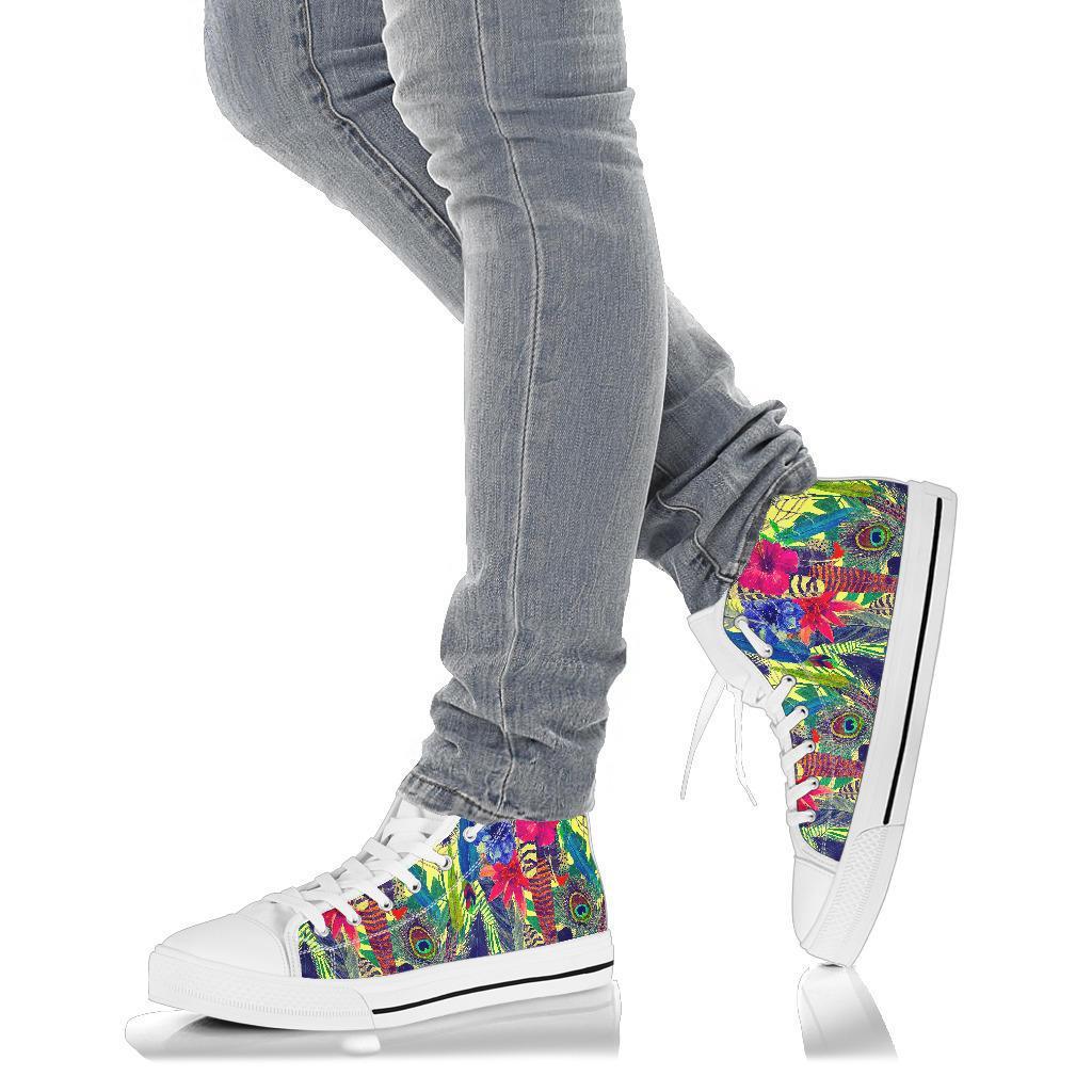 Peacock Feather Floral Pattern Print Men Women's High Top Shoes-grizzshop