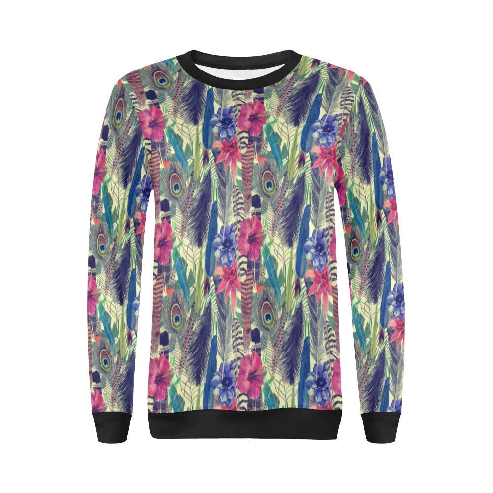 Peacock Feather Floral Pattern Print Women Crewneck Sweatshirt-grizzshop