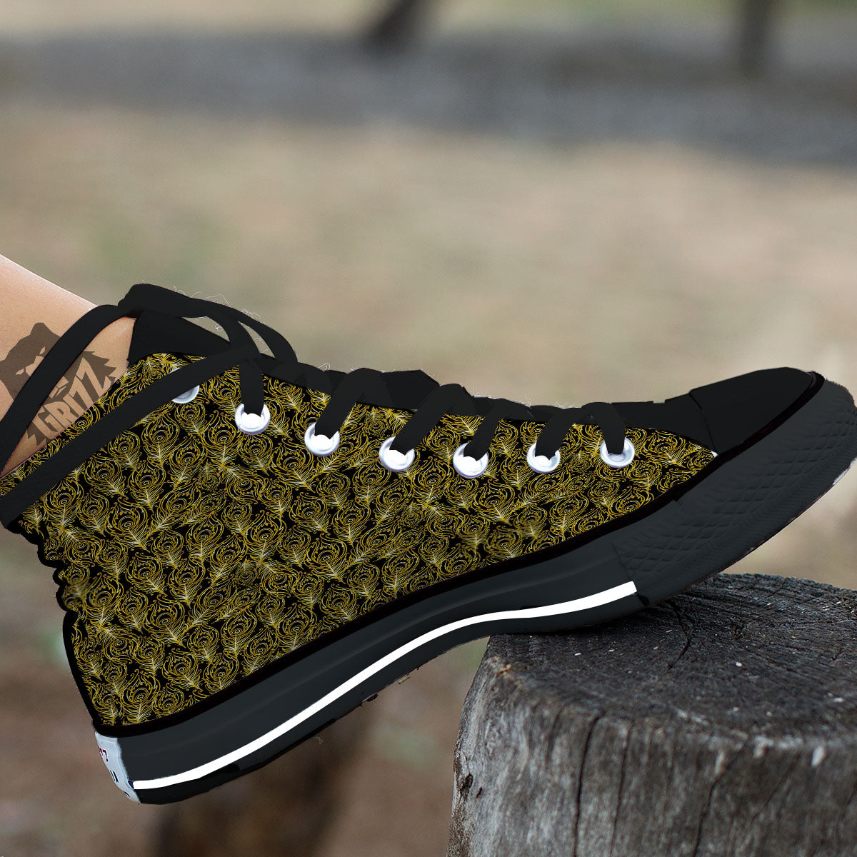 Peacock Feather Gold And Black Print Black High Top Shoes-grizzshop