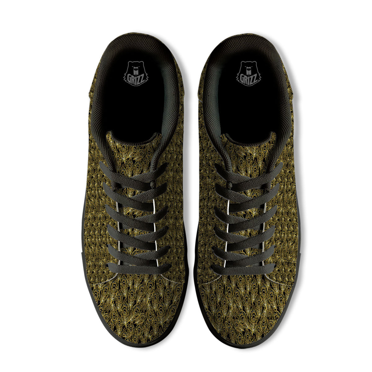 Peacock Feather Gold And Black Print Black Low Top Sneakers-grizzshop