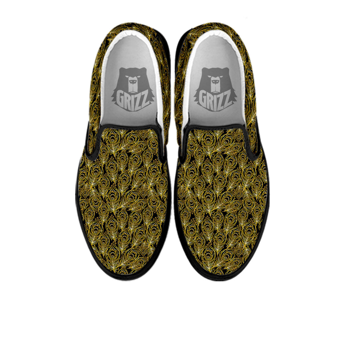 Peacock Feather Gold And Black Print Black Slip On Shoes-grizzshop