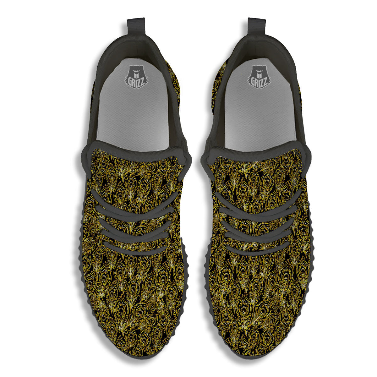 Peacock Feather Gold And Black Print Black Walking Shoes-grizzshop