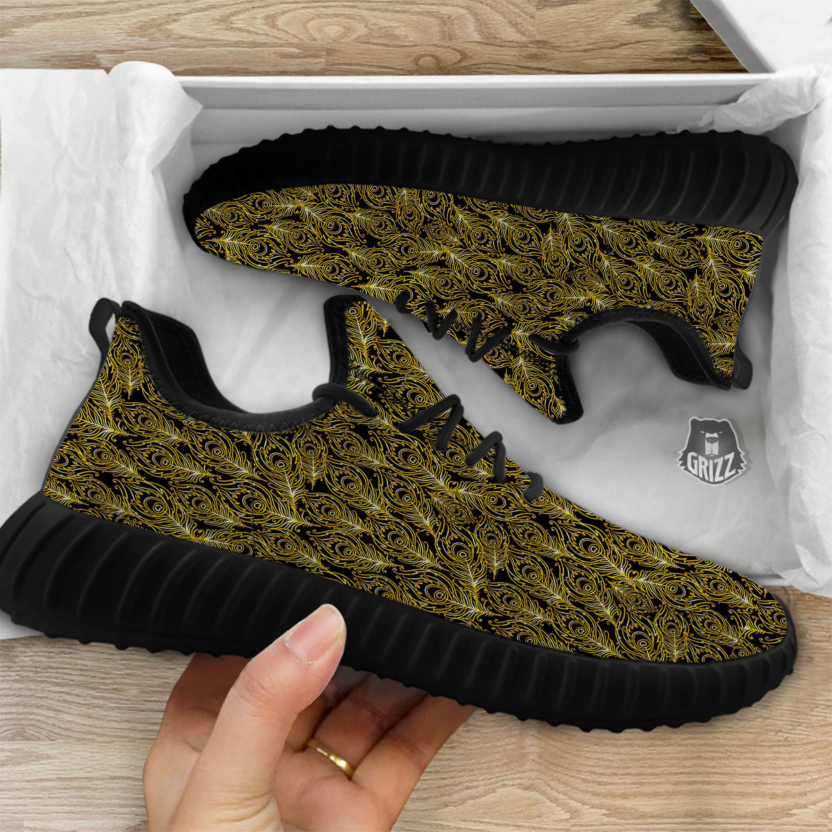 Peacock Feather Gold And Black Print Black Walking Shoes-grizzshop
