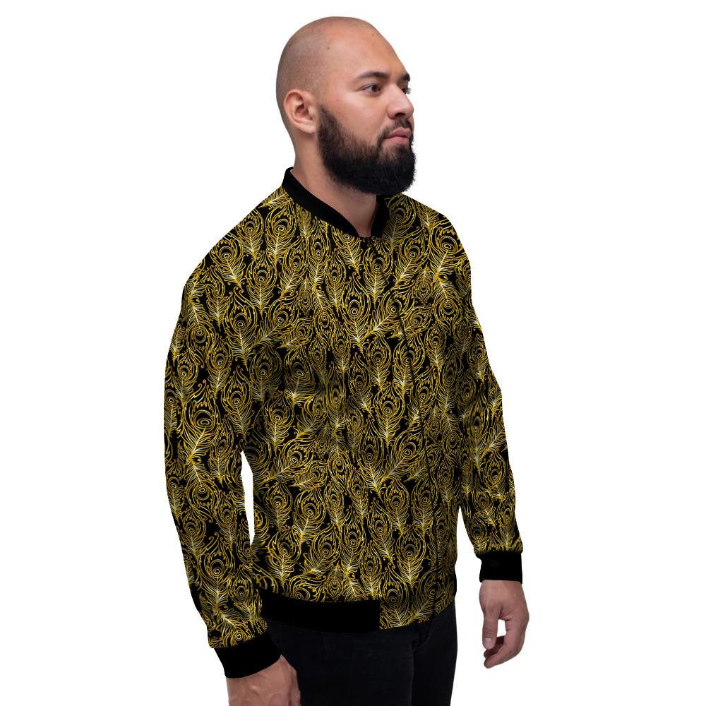 Peacock Feather Gold And Black Print Men's Bomber Jacket-grizzshop