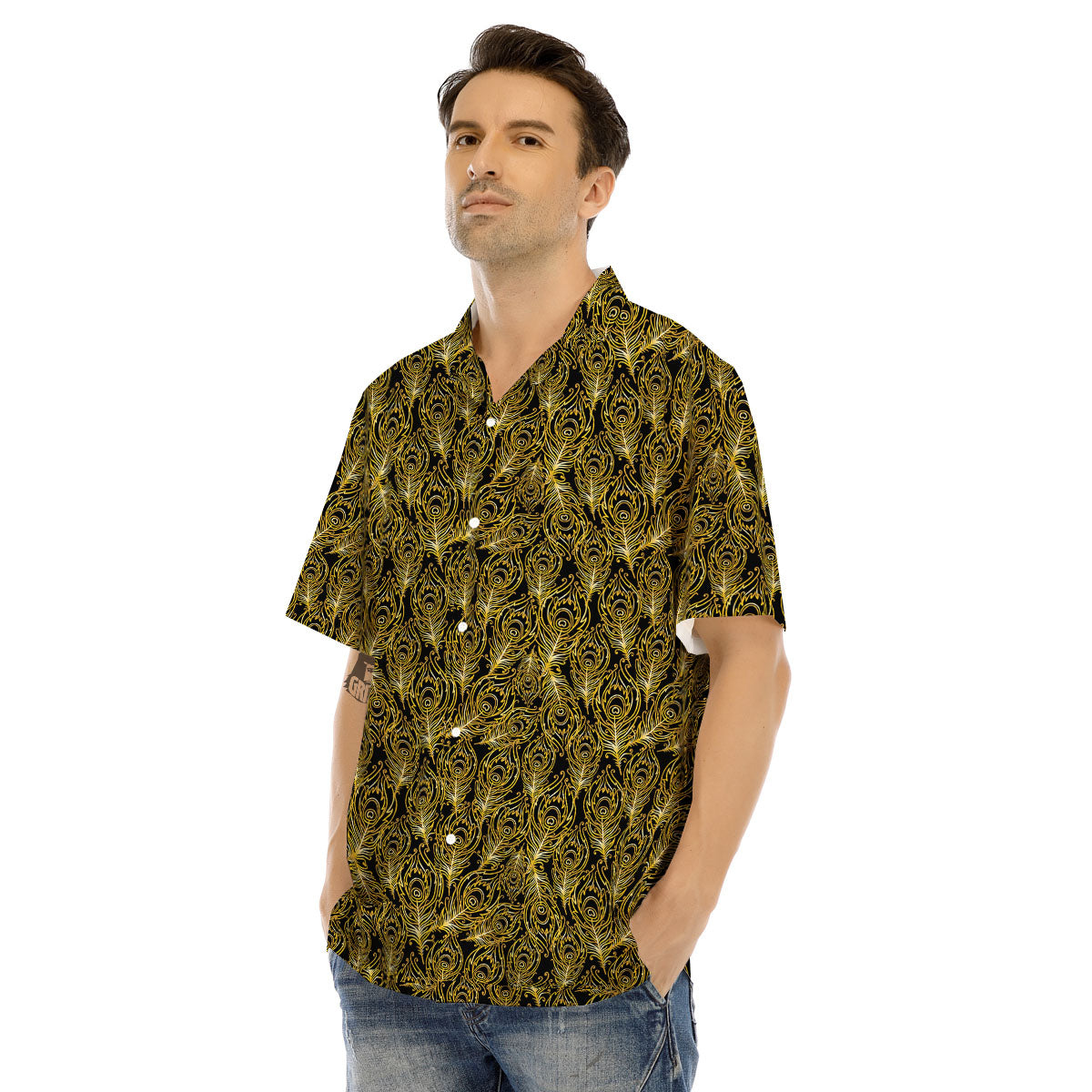 Peacock Feather Gold And Black Print Men's Hawaiian Shirt-grizzshop